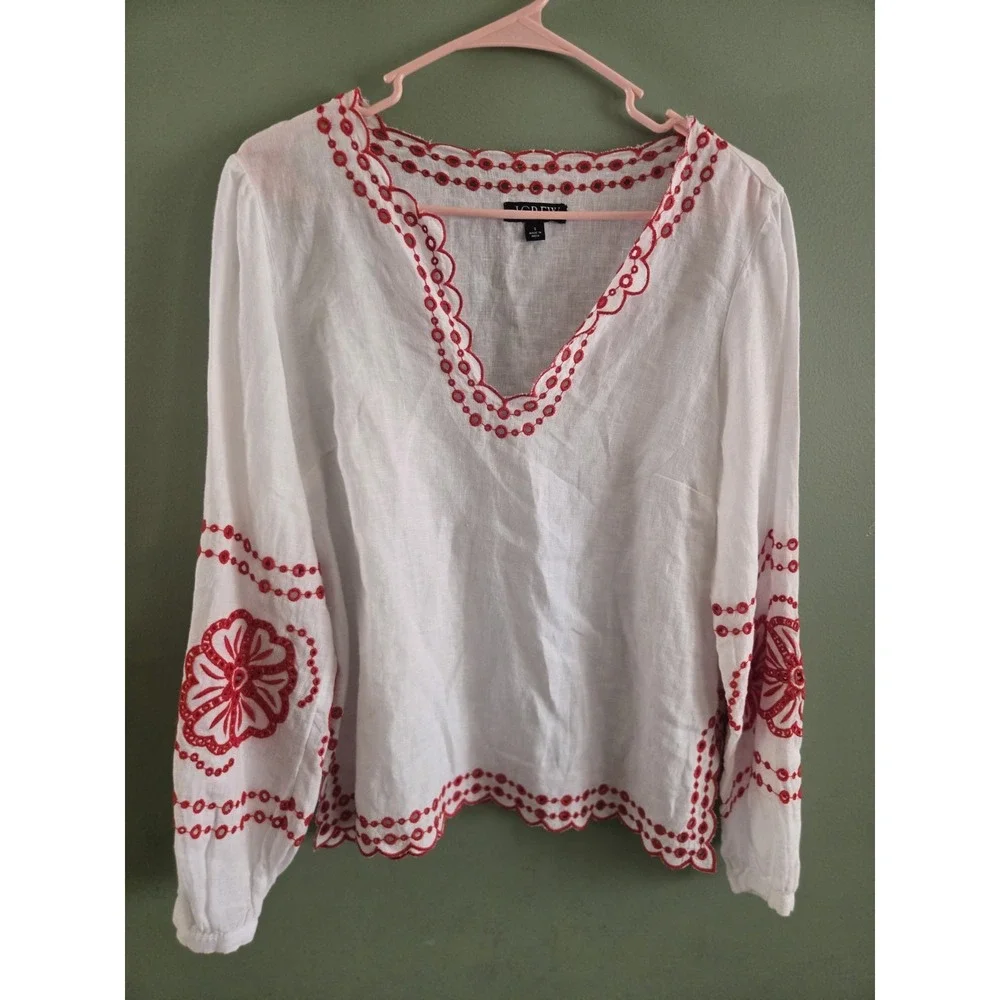 J.Crew White 100% Linen Embroidered Long Sleeve Blouse Floral Sz Small Eyelet